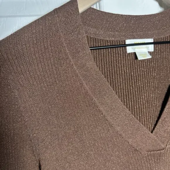 Maeve Thea Ribbed V-Neck Sweater Top Medium Honey Brown Metallic Anthropologie - Picture 7 of 9